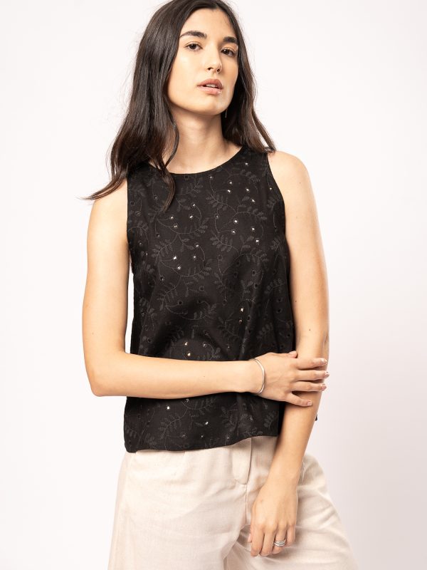 Top FLORA BORDADO - S, Negro
